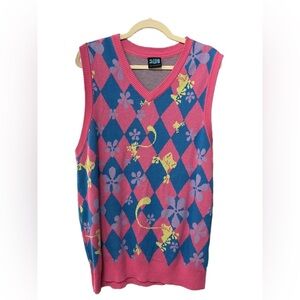 Women’s 70s style Colorful Argyle Sleeveless Vest with Frog Design Size Large